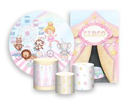 Kit 2 Painéis De Festa + Trio De Capas Cilindro - Circo Rosa Boneca Loira 016