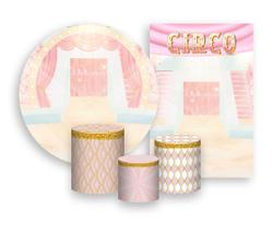 Kit 2 Painéis De Festa + Trio De Capas Cilindro - Circo Rosa e Dourado Cute 004