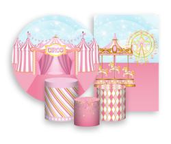 Kit 2 Painéis De Festa + Trio De Capas Cilindro - Circo Rosa Tendas 025