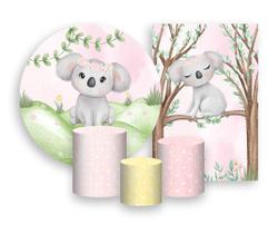 Kit 2 Painéis De Festa + Trio De Capas Cilindro - Coala Aquarela Cute Rosa Suave 015 Kit 2 Painéis De Festa + Trio De Capas Cilindro - Coala Aquarela Cute Rosa Suave 015