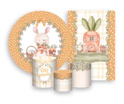 Kit 2 Painéis De Festa + Trio De Capas Cilindro - Coelho de Páscoa Aquarela Laranja 007
