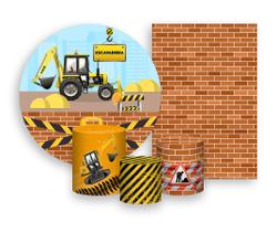 Kit 2 Painéis De Festa + Trio De Capas Cilindro - Construção Trator Escavadeira 002
