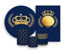 Kit 2 Painéis De Festa + Trio De Capas Cilindro - Coroa Realeza Folhagem Azul e Dourado 004