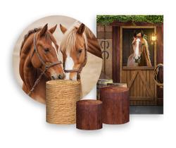 Kit 2 Painéis De Festa + Trio De Capas Cilindro - Country Cavalos Realista 012