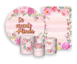 Kit 2 Painéis De Festa + Trio De Capas Cilindro - De Repente Mais Linda Dourado Floral Rosa 001 Kit 2 Painéis De Festa + Trio De Capas Cilindro - De Repente Mais Linda Dourado Floral Rosa 001
