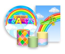 Kit 2 Painéis De Festa + Trio De Capas Cilindro - Dia das Crianças Céu Arco-Íris 007 Kit 2 Painéis De Festa + Trio De Capas Cilindro - Dia das Crianças Céu Arco-Íris 007