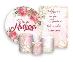 Kit 2 Painéis De Festa + Trio De Capas Cilindro - Dia das Mulheres Floral Rosa 002 Kit 2 Painéis De Festa + Trio De Capas Cilindro - Dia das Mulheres Floral Rosa 002