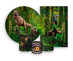 Kit 2 Painéis De Festa + Trio De Capas Cilindro - Dinossauro Realista na Floresta 005 Kit 2 Painéis De Festa + Trio De Capas Cilindro - Dinossauro Realista na Floresta 005
