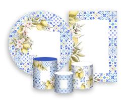 Kit 2 Painéis De Festa + Trio De Capas Cilindro - Efeito Azulejo com Limões Sicilianos 024 Kit 2 Painéis De Festa + Trio De Capas Cilindro - Efeito Azulejo com Limões Sicilianos 024