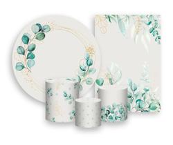 Kit 2 Painéis De Festa + Trio De Capas Cilindro - Efeito Geométrico Folhagens 021