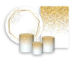 Kit 2 Painéis De Festa + Trio De Capas Cilindro - Efeito Glitter Geométrico Dourado e Branco 008