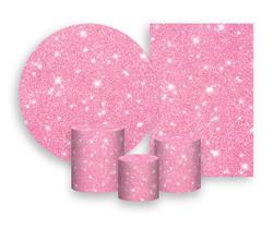 Kit 2 Painéis De Festa + Trio De Capas Cilindro - Efeito Glitter Rosa Suave com Brilho 035