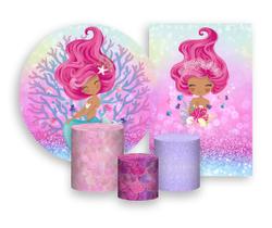 Kit 2 Painéis De Festa + Trio De Capas Cilindro - Efeito Glitter Sereia Corais 007