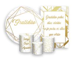 Kit 2 Painéis De Festa + Trio De Capas Cilindro - Efeito Mármore Branco Gratidão 026