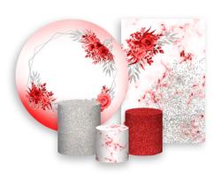 Kit 2 Painéis De Festa + Trio De Capas Cilindro - Efeito Mármore Vermelho com Floral 030