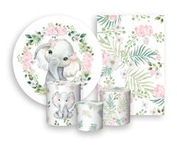 Kit 2 Painéis De Festa + Trio De Capas Cilindro - Elefantinha Aquarela Floral 017