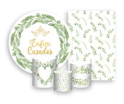 Kit 2 Painéis De Festa + Trio De Capas Cilindro - Enfim Casados Dourado 008