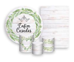 Kit 2 Painéis De Festa + Trio De Capas Cilindro - Enfim Casados Folhagens Verdes 007 Kit 2 Painéis De Festa + Trio De Capas Cilindro - Enfim Casados Folhagens Verdes 007