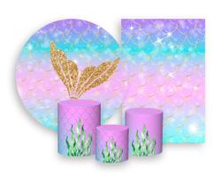 Kit 2 Painéis De Festa + Trio De Capas Cilindro - Escamas Efeito Glitter Cauda Dourada 003