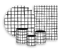 Kit 2 Painéis De Festa + Trio De Capas Cilindro - Estampa Grid Quadriculado Preto 045