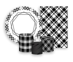 Kit 2 Painéis De Festa + Trio De Capas Cilindro - Estampa Xadrez Preto e Branco 001