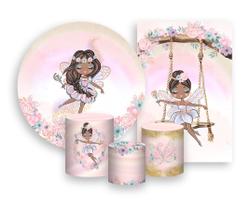 Kit 2 Painéis De Festa + Trio De Capas Cilindro - Fadas Aquarela Efeito Brilho 003