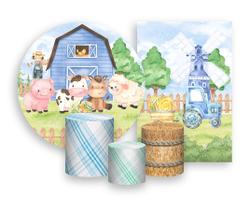 Kit 2 Painéis De Festa + Trio De Capas Cilindro - Fazendinha Animais Azul Aquarela 010 Kit 2 Painéis De Festa + Trio De Capas Cilindro - Fazendinha Animais Azul Aquarela 010