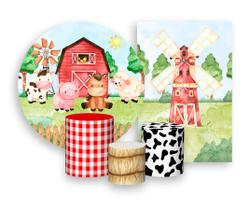 Kit 2 Painéis De Festa + Trio De Capas Cilindro - Fazendinha Aquarela Xadrez Vermelho 005 Kit 2 Painéis De Festa + Trio De Capas Cilindro - Fazendinha Aquarela Xadrez Vermelho 005