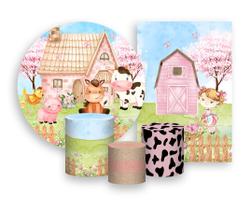Kit 2 Painéis De Festa + Trio De Capas Cilindro - Fazendinha Rosa Cute Aquarela 003