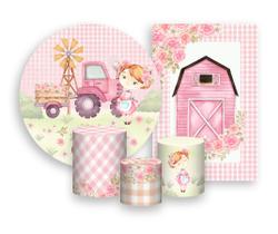 Kit 2 Painéis De Festa + Trio De Capas Cilindro - Fazendinha Rosa Menina e Trator 018
