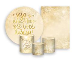 Kit 2 Painéis De Festa + Trio De Capas Cilindro - Feliz Ano Novo Dourado Chique 003 Kit 2 Painéis De Festa + Trio De Capas Cilindro - Feliz Ano Novo Dourado Chique 003