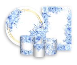 Kit 2 Painéis De Festa + Trio De Capas Cilindro - Floral Azul 041 Kit 2 Painéis De Festa + Trio De Capas Cilindro - Floral Azul 041