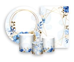 Kit 2 Painéis De Festa + Trio De Capas Cilindro - Floral Azul 046 Kit 2 Painéis De Festa + Trio De Capas Cilindro - Floral Azul 046