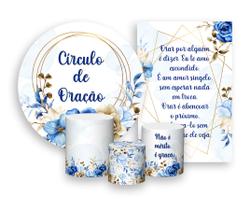 Kit 2 Painéis De Festa + Trio De Capas Cilindro - Floral Azul Circulo de Oração 003