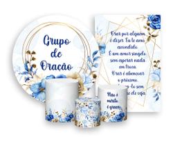 Kit 2 Painéis De Festa + Trio De Capas Cilindro - Floral Azul Grupo de Oração 002