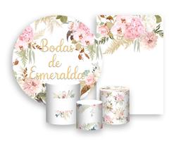 Kit 2 Painéis De Festa + Trio De Capas Cilindro - Flores Bodas de Esmeralda 012 Kit 2 Painéis De Festa + Trio De Capas Cilindro - Flores Bodas de Esmeralda 012