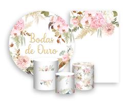 Kit 2 Painéis De Festa + Trio De Capas Cilindro - Flores Bodas de Ouro 013