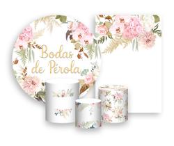 Kit 2 Painéis De Festa + Trio De Capas Cilindro - Flores Bodas de Pérola 014 Kit 2 Painéis De Festa + Trio De Capas Cilindro - Flores Bodas de Pérola 014