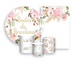 Kit 2 Painéis De Festa + Trio De Capas Cilindro - Flores Bodas de Porcelana 015