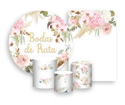 Kit 2 Painéis De Festa + Trio De Capas Cilindro - Flores Bodas de Prata 016 Kit 2 Painéis De Festa + Trio De Capas Cilindro - Flores Bodas de Prata 016