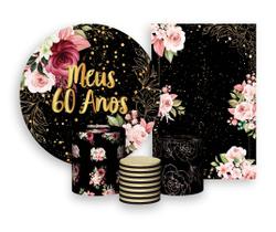 Kit 2 Painéis De Festa + Trio De Capas Cilindro - Flores Efeito Brilhos Meus 60 Anos Dourado 016
