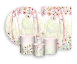 Kit 2 Painéis De Festa + Trio De Capas Cilindro - Floresta Rosada com Flores Aquarela 048 Kit 2 Painéis De Festa + Trio De Capas Cilindro - Floresta Rosada com Flores Aquarela 048