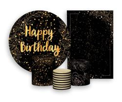 Kit 2 Painéis De Festa + Trio De Capas Cilindro - Folhagens Efeito Brilhos Happy Birthday Dourado 040