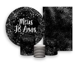 Kit 2 Painéis De Festa + Trio De Capas Cilindro - Folhagens Efeito Brilhos Meus 18 Anos Prateado 020
