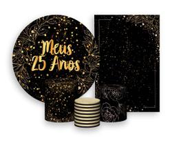 Kit 2 Painéis De Festa + Trio De Capas Cilindro - Folhagens Efeito Brilhos Meus 25 Anos Dourado 035