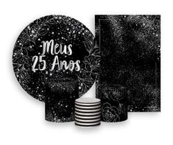 Kit 2 Painéis De Festa + Trio De Capas Cilindro - Folhagens Efeito Brilhos Meus 25 Anos Prateado 018