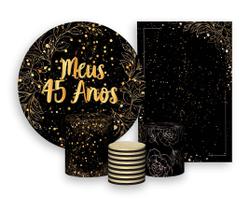 Kit 2 Painéis De Festa + Trio De Capas Cilindro - Folhagens Efeito Brilhos Meus 45 Anos Dourado 031