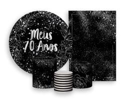 Kit 2 Painéis De Festa + Trio De Capas Cilindro - Folhagens Efeito Brilhos Meus 70 Anos Prateado 008 Kit 2 Painéis De Festa + Trio De Capas Cilindro - Folhagens Efeito Brilhos Meus 70 Anos Prateado 008