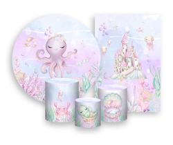 Kit 2 Painéis De Festa + Trio De Capas Cilindro - Fundo do Mar Lilás Aquarela 005 Kit 2 Painéis De Festa + Trio De Capas Cilindro - Fundo do Mar Lilás Aquarela 005