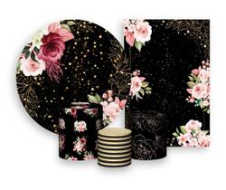 Kit 2 Painéis De Festa + Trio De Capas Cilindro - Fundo Preto Flores Efeito Brilhos 010
